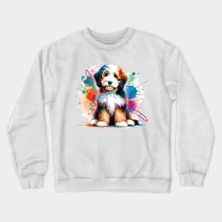 Mini Bernedoodle Captured in Colorful Splash Art Style Crewneck Sweatshirt